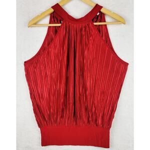Bohemian L Halter Top Knit Sleeveless Tie Back Red Pleated Shimmery Club Party